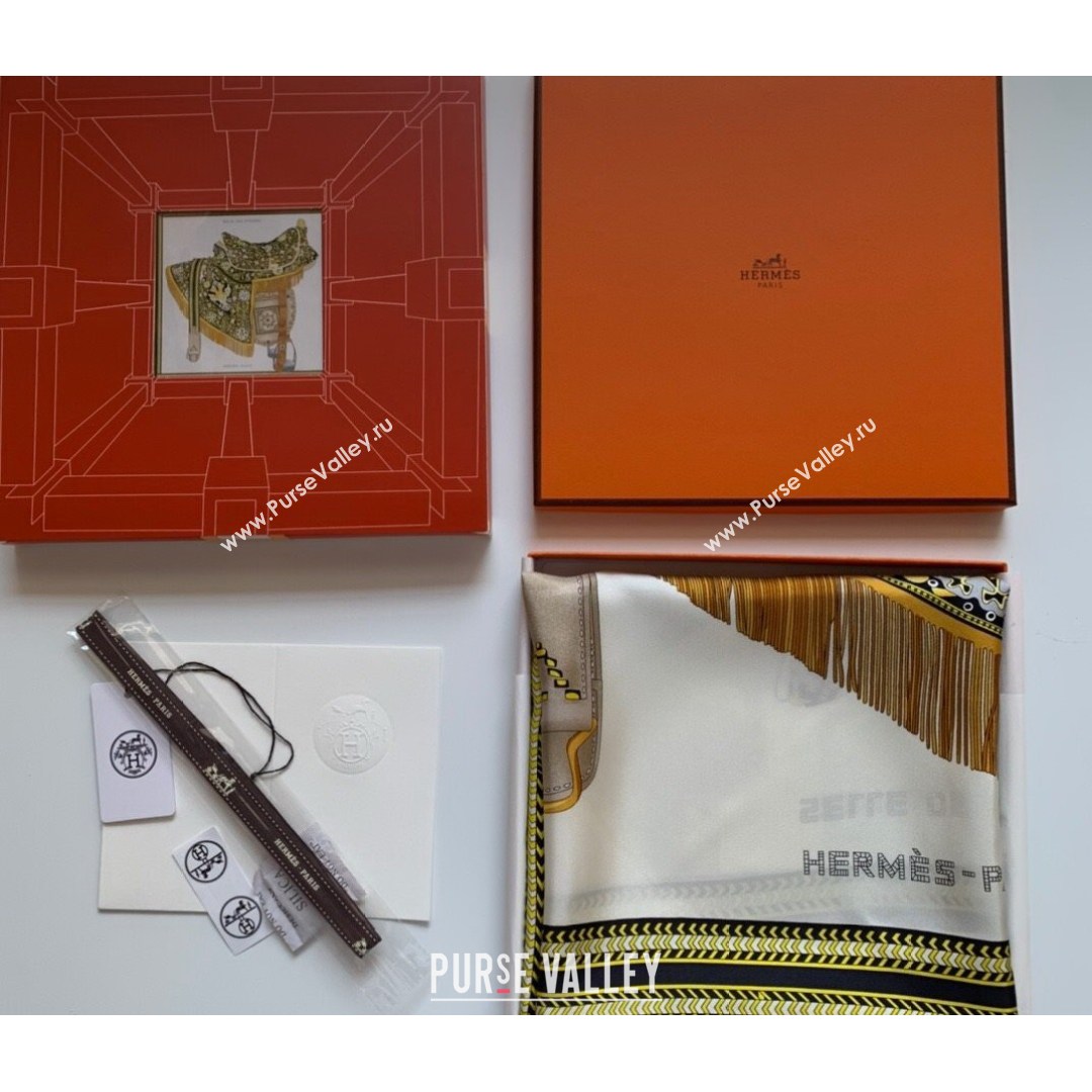 Hermes Prairie Saddle Twilly Silk Square Scarf 90x90cm White 2021 (WNS-21081816)