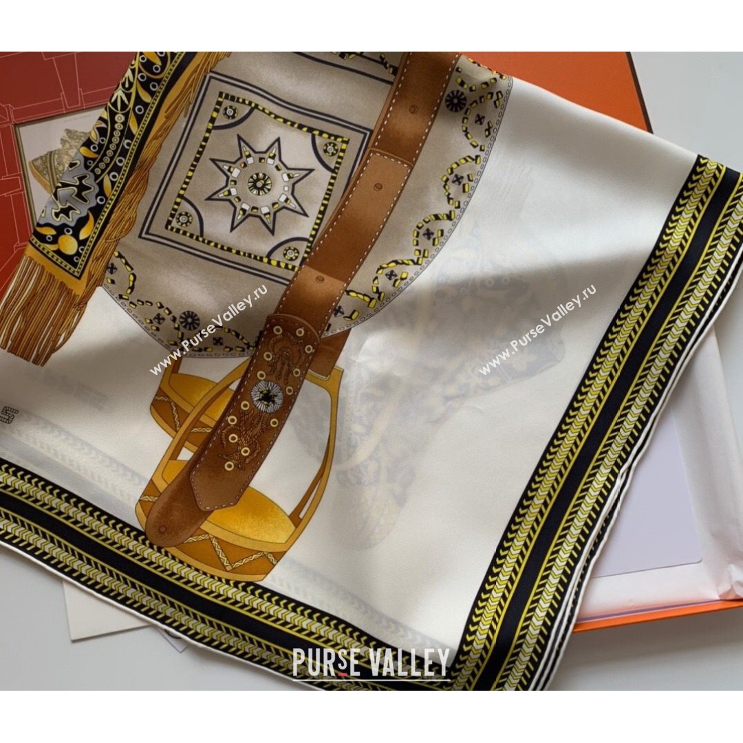 Hermes Prairie Saddle Twilly Silk Square Scarf 90x90cm White 2021 (WNS-21081816)