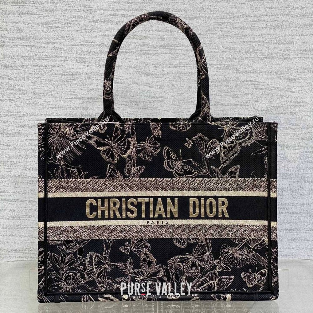 Dior Medium Book Tote Bag with Butterfly Embroidery Black/Gold 2023 (DMZ-241810)