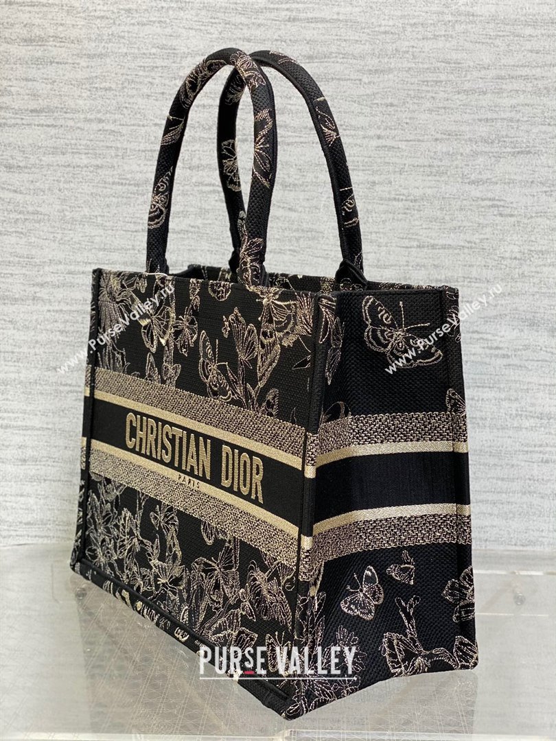 Dior Medium Book Tote Bag with Butterfly Embroidery Black/Gold 2023 (DMZ-241810)