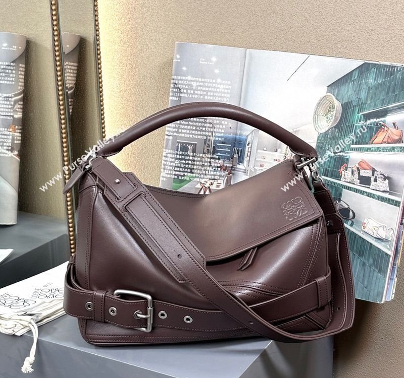 Loewe Large Puzzle Biker bag in shiny calfskin Dark Chestnut Brown 2025 0925 (nana-250925025)