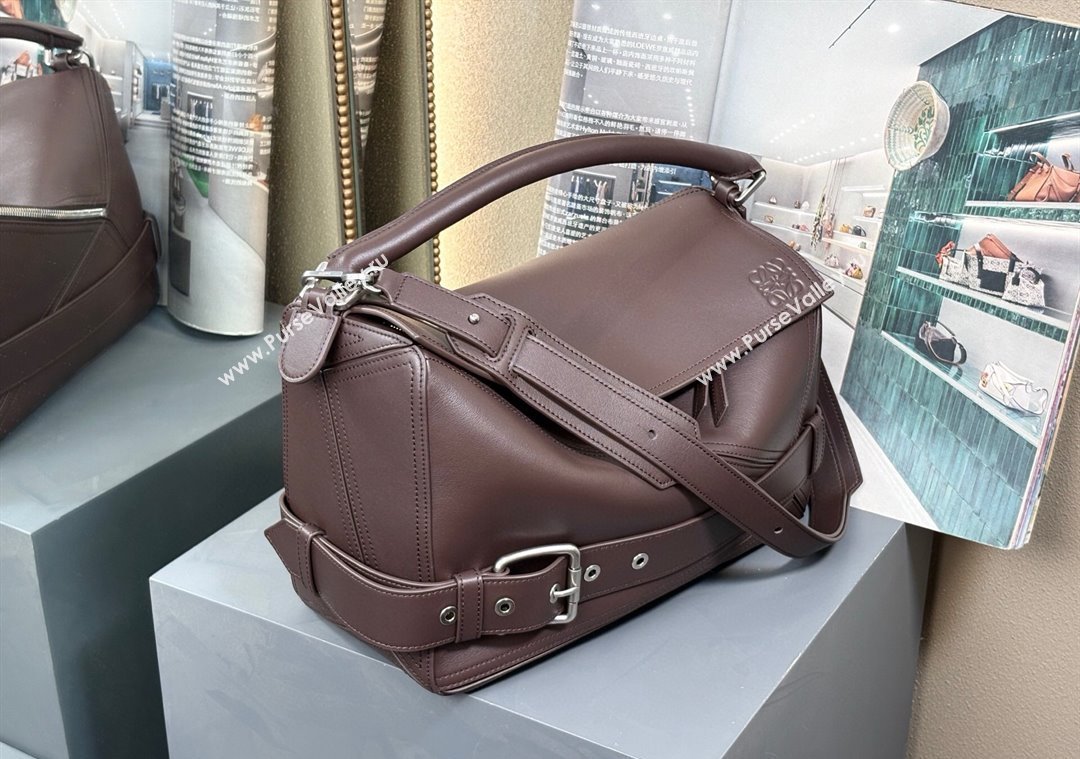 Loewe Large Puzzle Biker bag in shiny calfskin Dark Chestnut Brown 2025 0925 (nana-250925025)