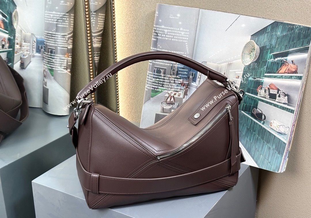 Loewe Large Puzzle Biker bag in shiny calfskin Dark Chestnut Brown 2025 0925 (nana-250925025)