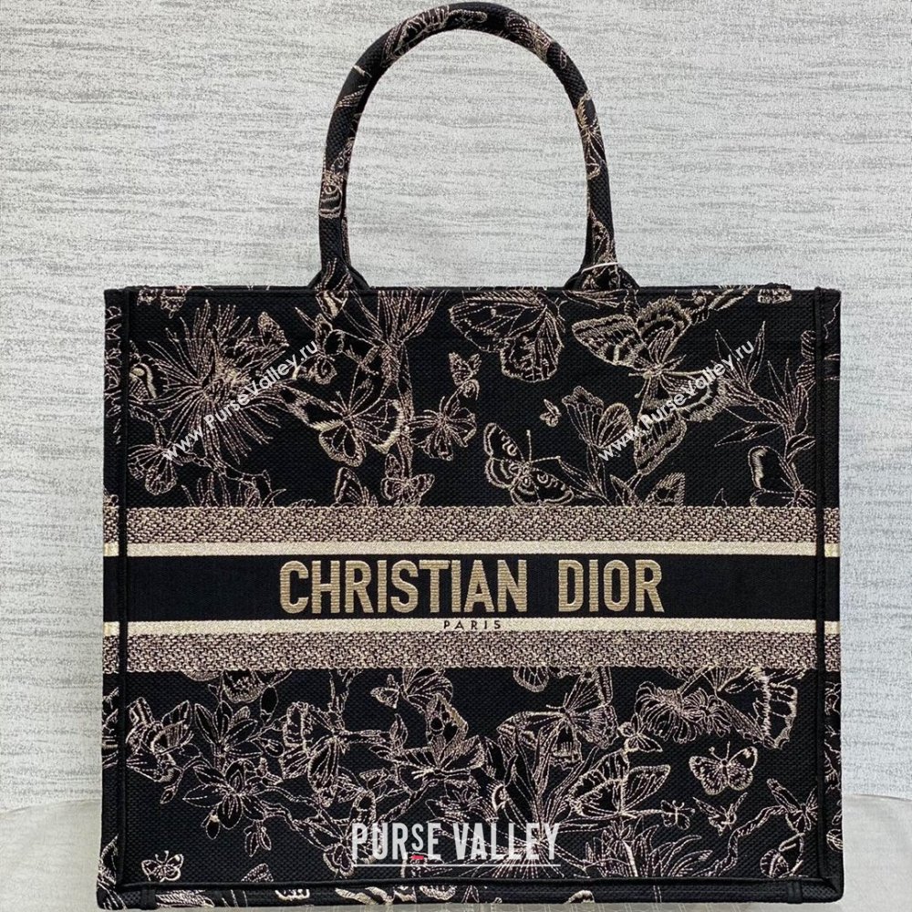 Dior Large Book Tote Bag with Butterfly Embroidery Black/Gold 2023 (DMZ-241811)