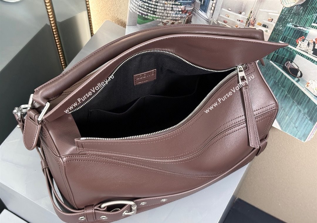 Loewe Large Puzzle Biker bag in shiny calfskin Dark Chestnut Brown 2025 0925 (nana-250925025)