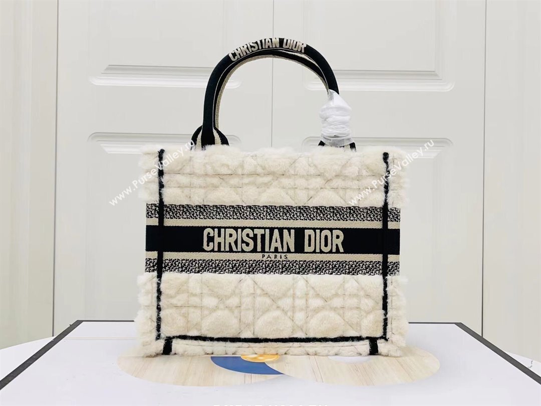 Dior Small Book Tote Bag in Cannage Shearling White/Black 2024 (DMZ-241801)
