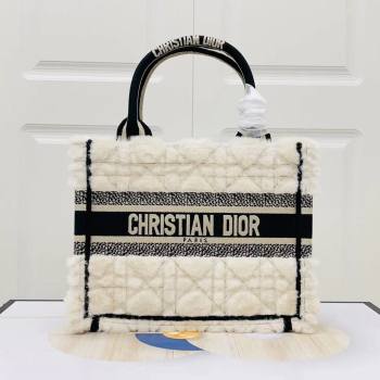 Dior Small Book Tote Bag in Cannage Shearling White/Black 2024 (DMZ-241801)