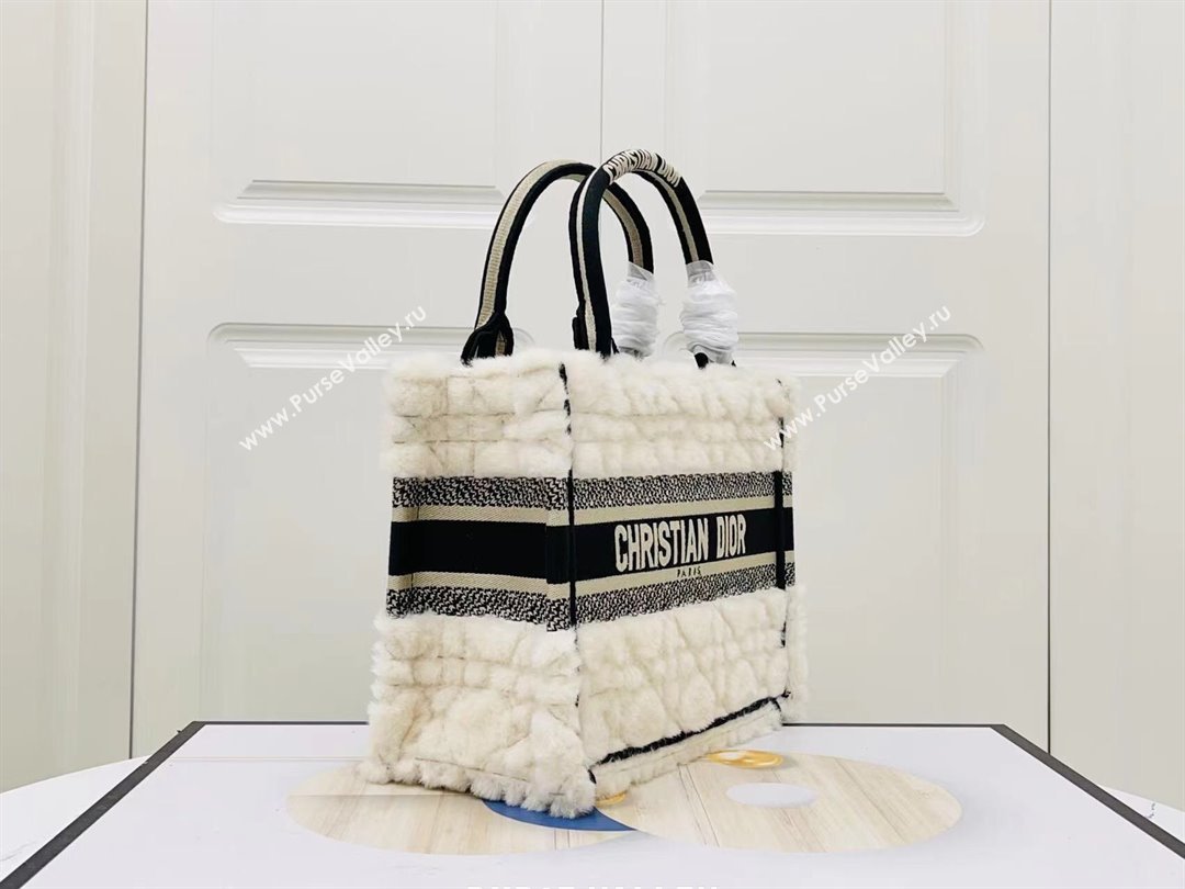 Dior Small Book Tote Bag in Cannage Shearling White/Black 2024 (DMZ-241801)