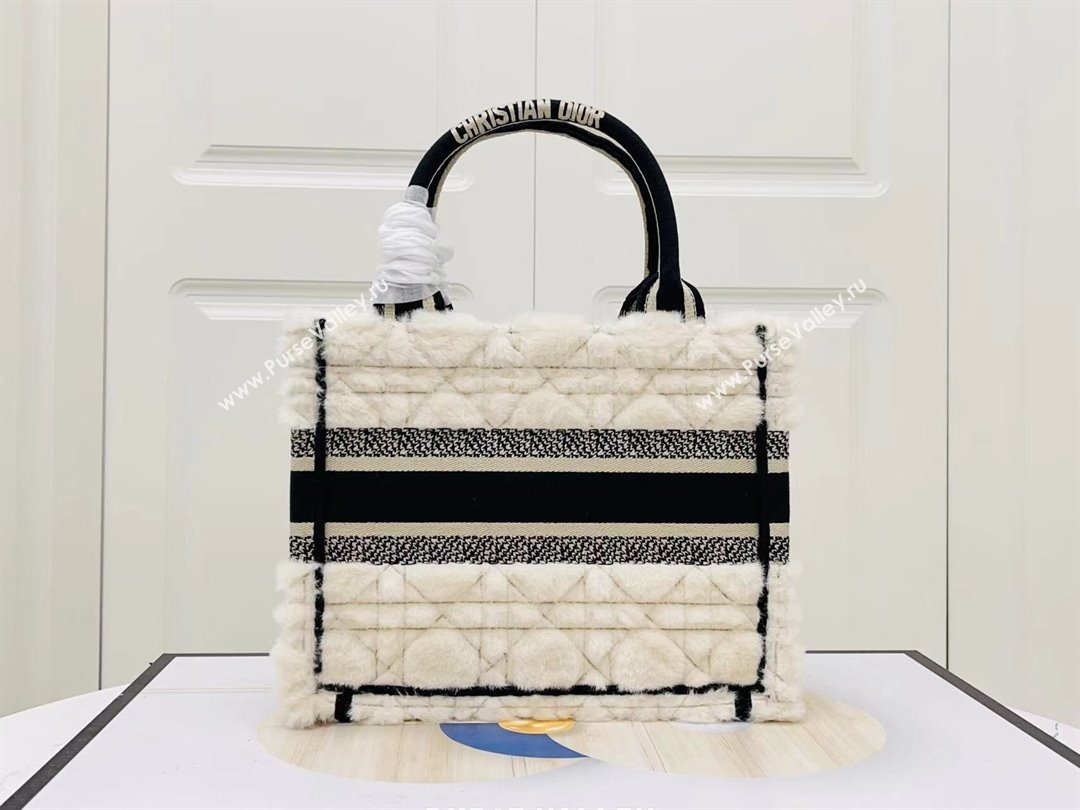 Dior Small Book Tote Bag in Cannage Shearling White/Black 2024 (DMZ-241801)