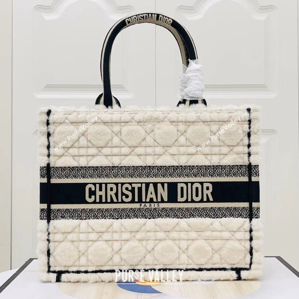 Dior Medium Book Tote Bag in Cannage Shearling White/Black 2024 (DMZ-241802)