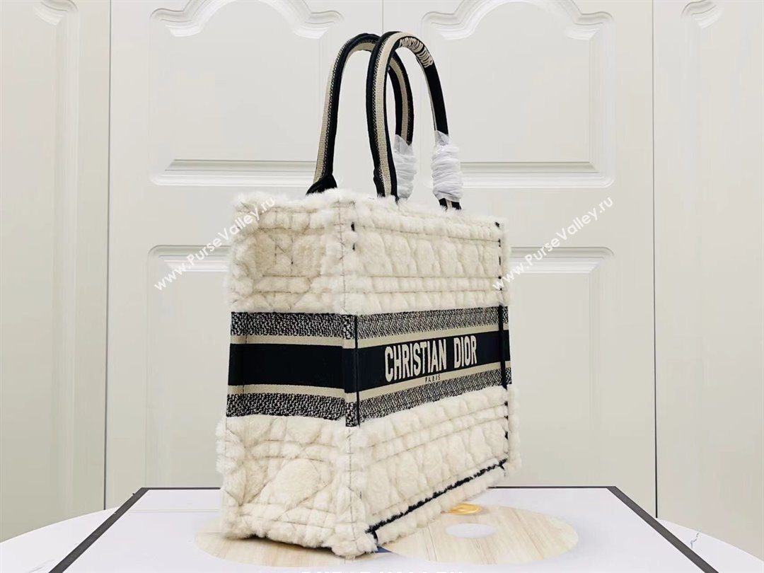 Dior Medium Book Tote Bag in Cannage Shearling White/Black 2024 (DMZ-241802)