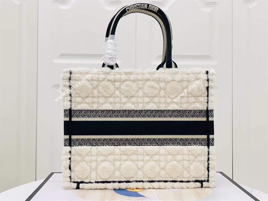 Dior Medium Book Tote Bag in Cannage Shearling White/Black 2024 (DMZ-241802)