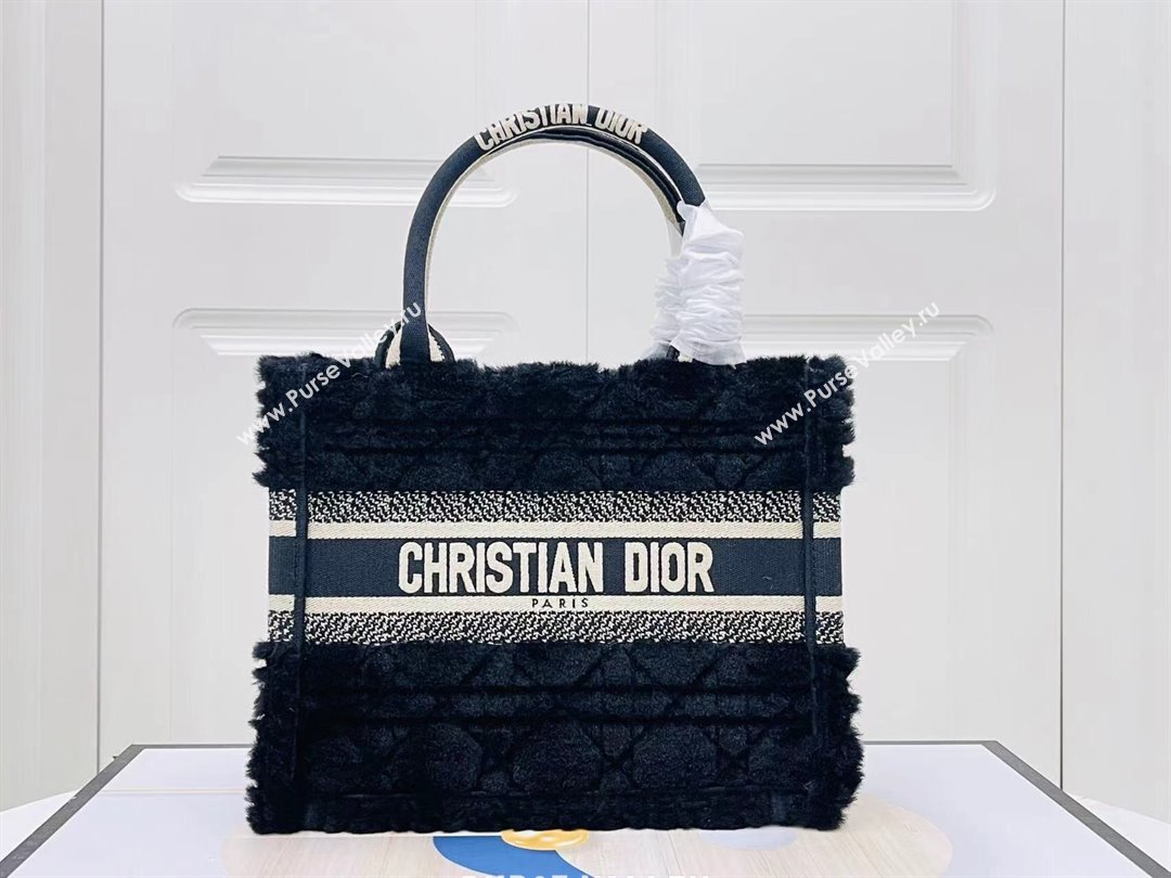 Dior Small Book Tote Bag in Cannage Shearling Black 2024 (DMZ-241804)