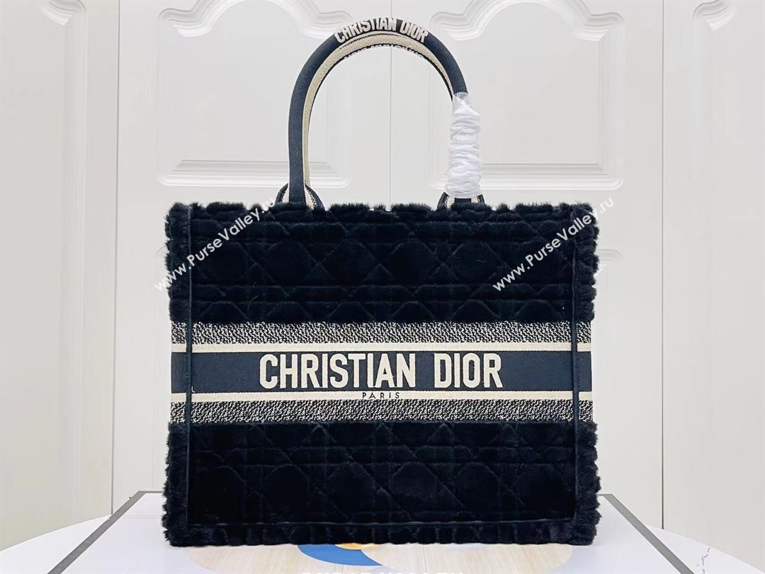 Dior Medium Book Tote Bag in Cannage Shearling Black 2024 (DMZ-241805)