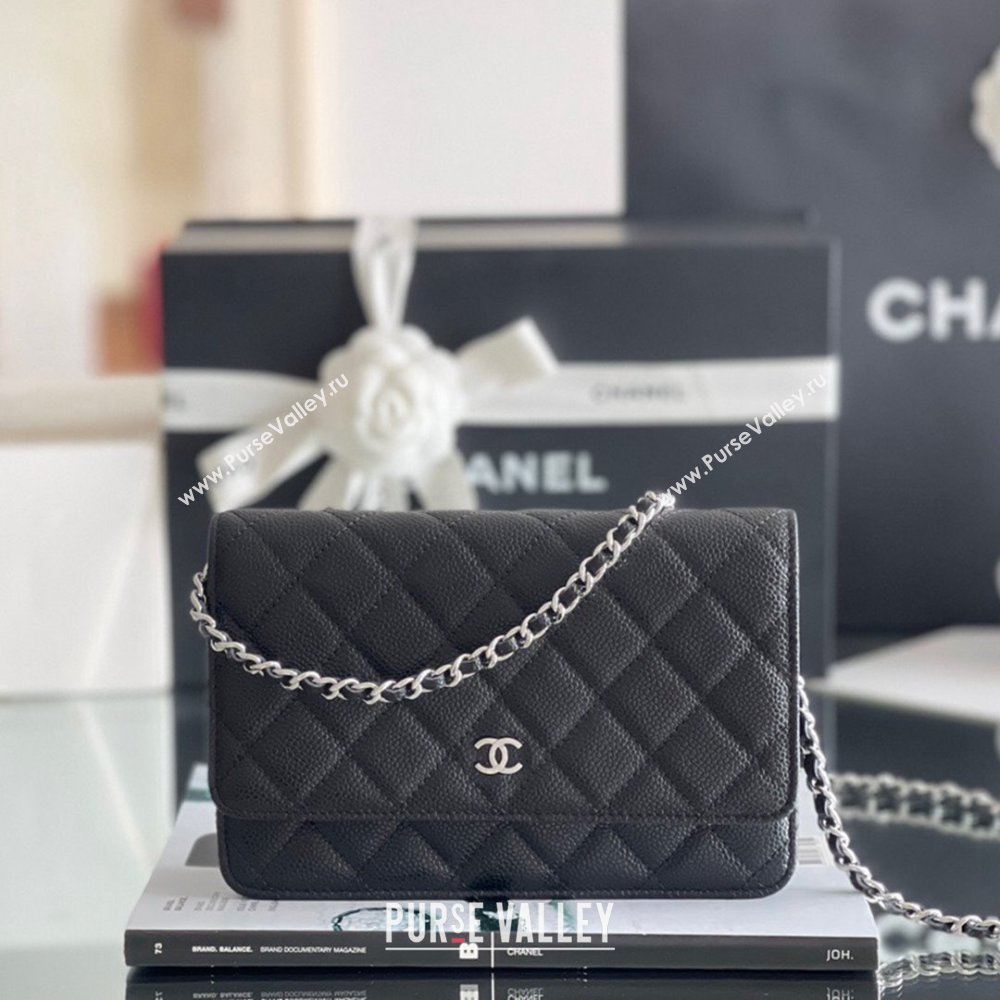 Chanel Grained Calfskin Classic Wallet on Chain WOC 2024 Black/Silver Top Quality (MHE-24080932)