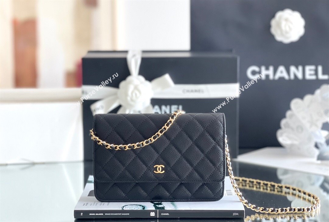 Chanel Grained Calfskin Classic Wallet on Chain WOC Black/Gold 2024 Top Quality (MHE-24080933)