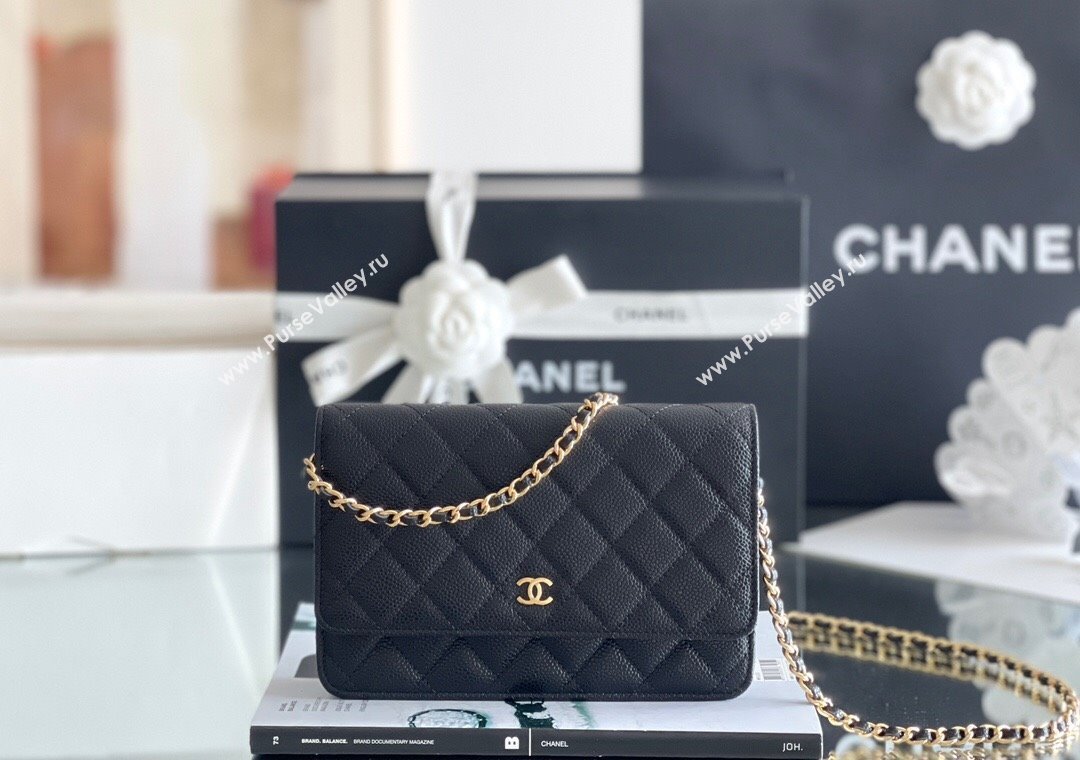 Chanel Grained Calfskin Classic Wallet on Chain WOC Black/Gold 2024 Top Quality (MHE-24080933)