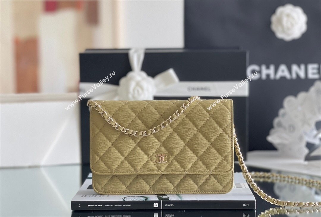 Chanel Grained Calfskin Classic Wallet on Chain WOC Avocado Green/Light Gold 2024 Top Quality (MHE-24080934)