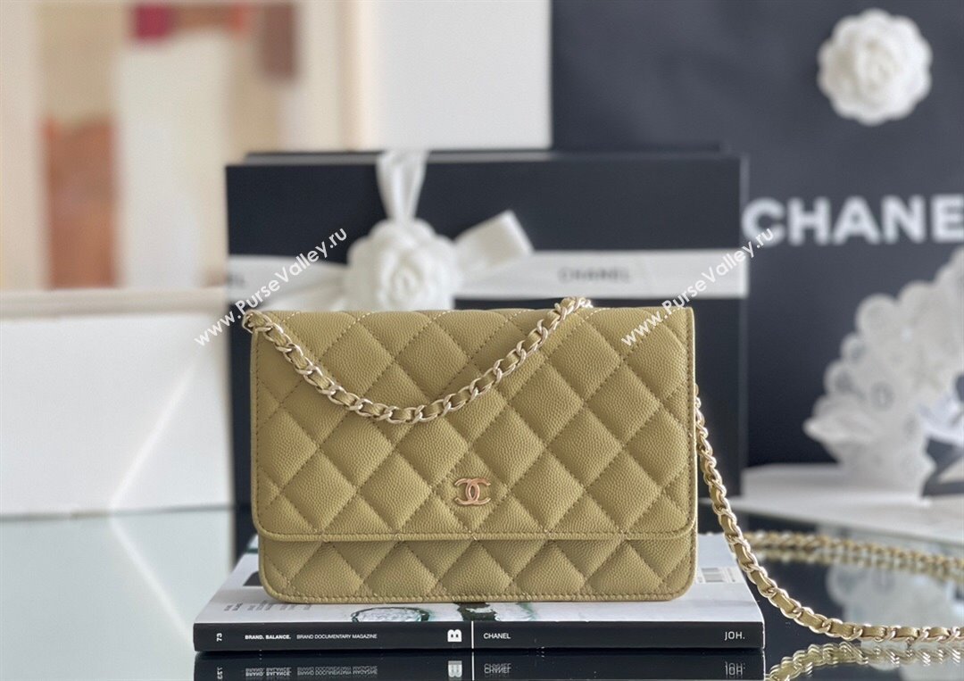 Chanel Grained Calfskin Classic Wallet on Chain WOC Avocado Green/Light Gold 2024 Top Quality (MHE-24080934)