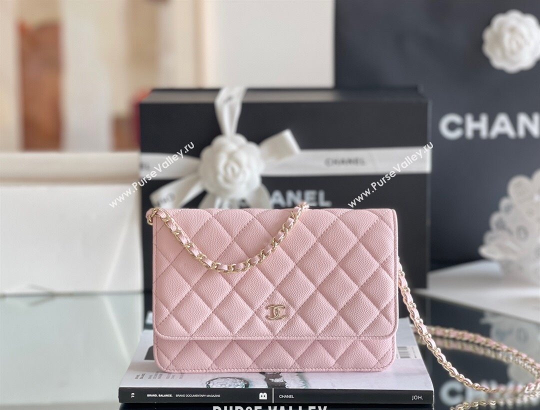 Chanel Grained Calfskin Classic Wallet on Chain WOC Pink/Light Gold 2024 Top Quality (MHE-24080936)