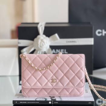 Chanel Grained Calfskin Classic Wallet on Chain WOC Pink/Light Gold 2024 Top Quality (MHE-24080936)