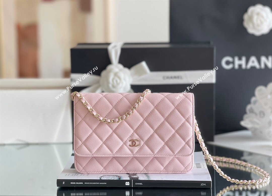 Chanel Grained Calfskin Classic Wallet on Chain WOC Pink/Light Gold 2024 Top Quality (MHE-24080936)