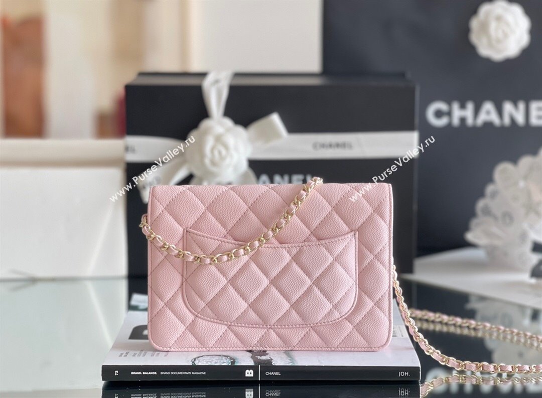 Chanel Grained Calfskin Classic Wallet on Chain WOC Pink/Light Gold 2024 Top Quality (MHE-24080936)