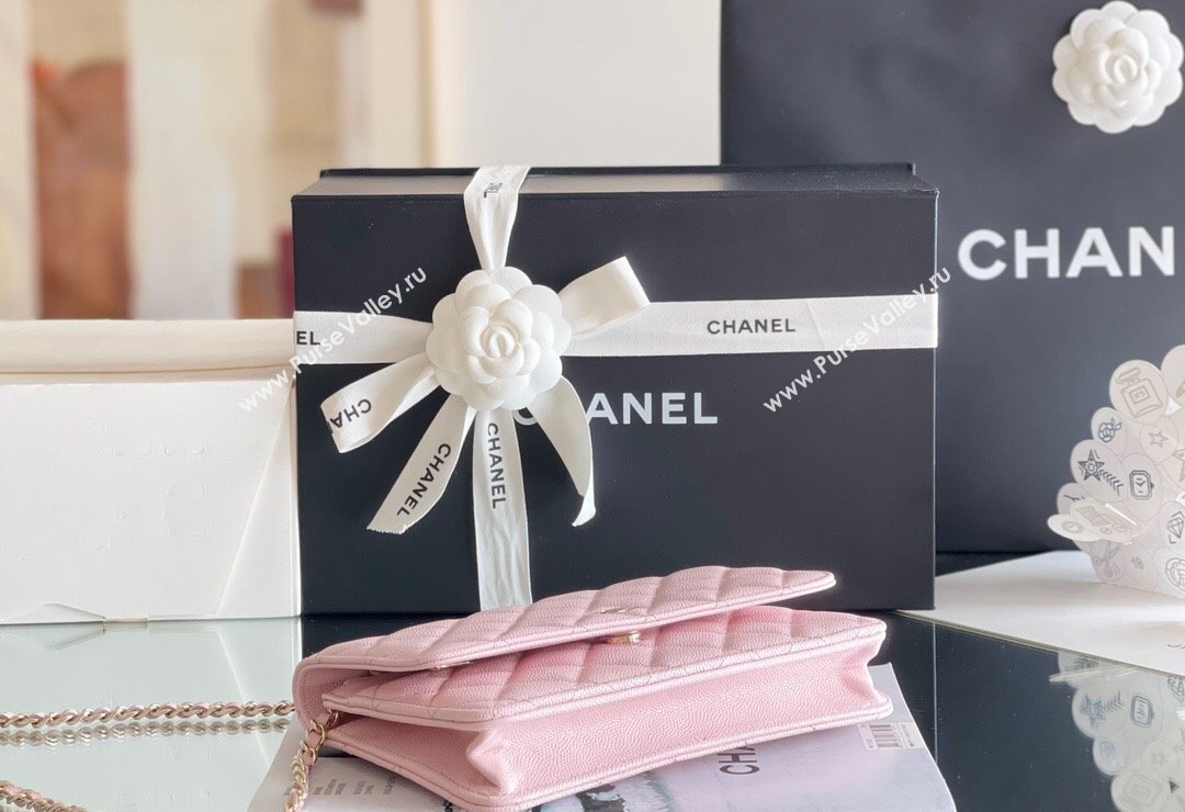 Chanel Grained Calfskin Classic Wallet on Chain WOC Pink/Light Gold 2024 Top Quality (MHE-24080936)