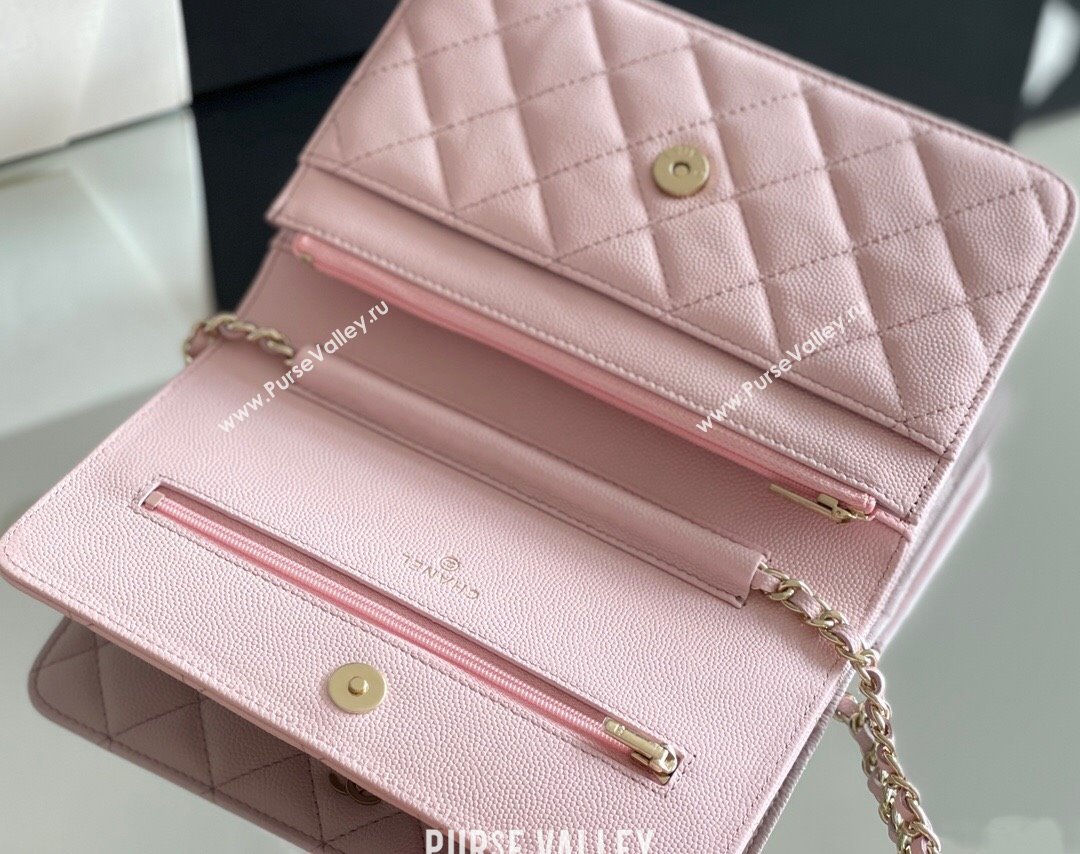 Chanel Grained Calfskin Classic Wallet on Chain WOC Pink/Light Gold 2024 Top Quality (MHE-24080936)