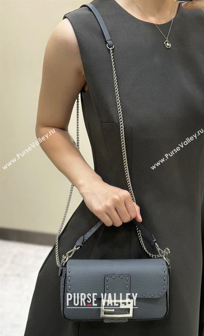 Fendi Baguette Mini Selleria bag with topstitches in Grained Calfskin Grey Blue 2024 8610S (CL-241213003)