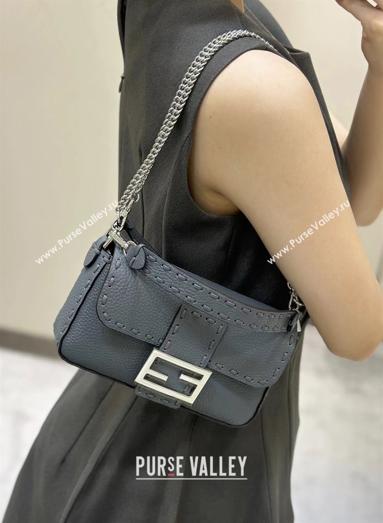 Fendi Baguette Mini Selleria bag with topstitches in Grained Calfskin Grey Blue 2024 8610S (CL-241213003)