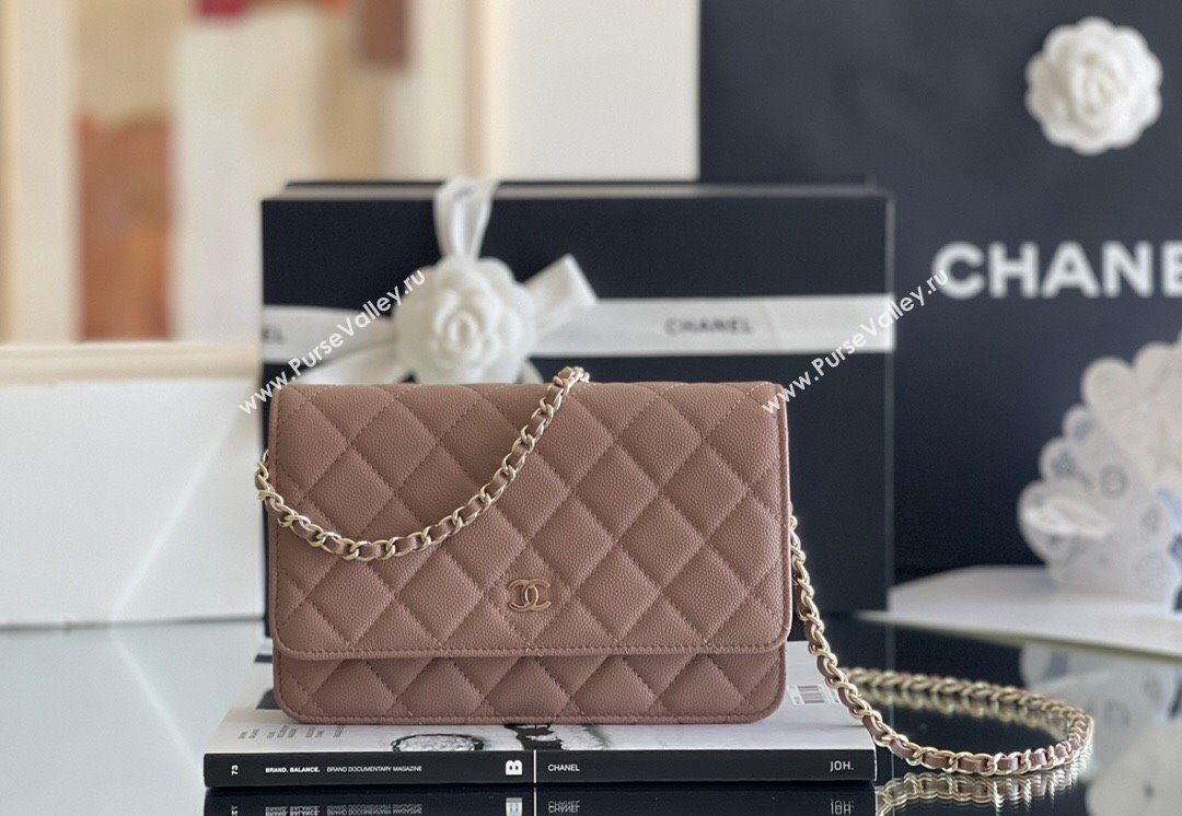 Chanel Grained Calfskin Classic Wallet on Chain WOC Caramel/Light Gold 2024 Top Quality (MHE-24080937)