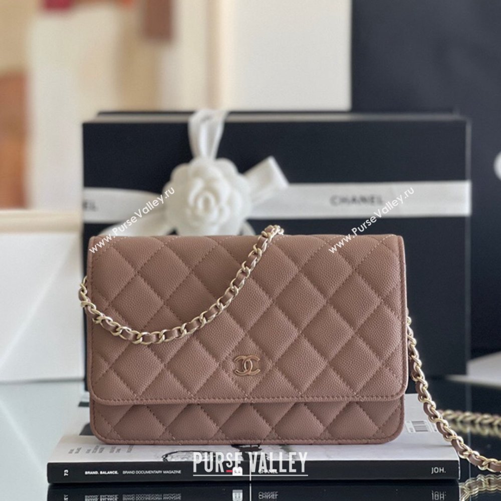 Chanel Grained Calfskin Classic Wallet on Chain WOC Caramel/Light Gold 2024 Top Quality (MHE-24080937)