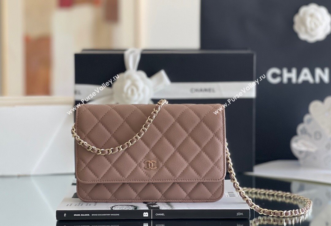 Chanel Grained Calfskin Classic Wallet on Chain WOC Caramel/Light Gold 2024 Top Quality (MHE-24080937)