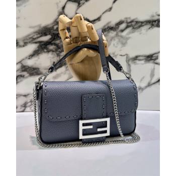 Fendi Baguette Mini Selleria bag with topstitches in Grained Calfskin Grey Blue 2024 8610S (CL-241213003)