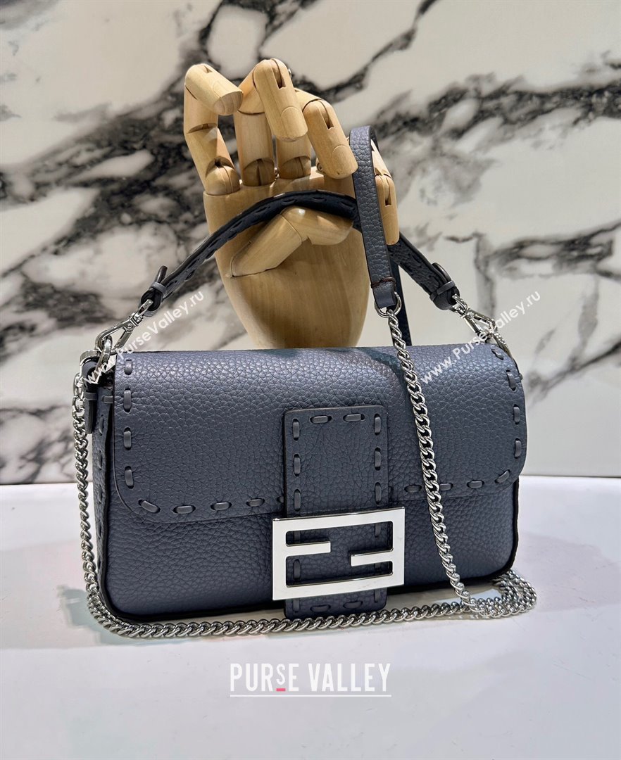 Fendi Baguette Mini Selleria bag with topstitches in Grained Calfskin Grey Blue 2024 8610S (CL-241213003)