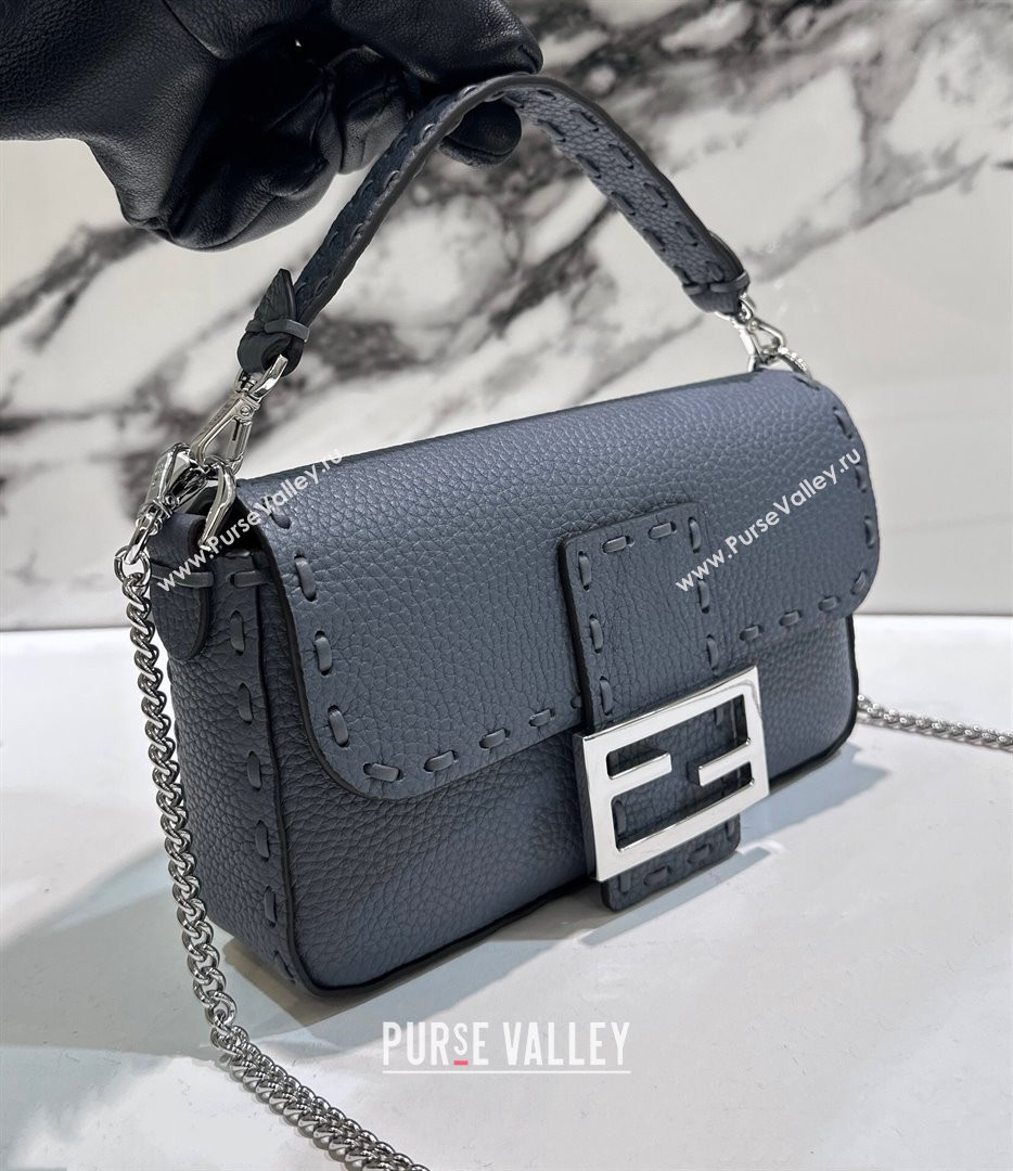 Fendi Baguette Mini Selleria bag with topstitches in Grained Calfskin Grey Blue 2024 8610S (CL-241213003)