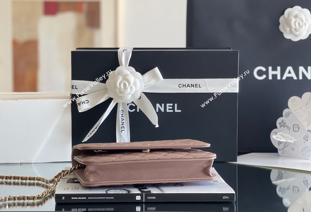 Chanel Grained Calfskin Classic Wallet on Chain WOC Caramel/Light Gold 2024 Top Quality (MHE-24080937)