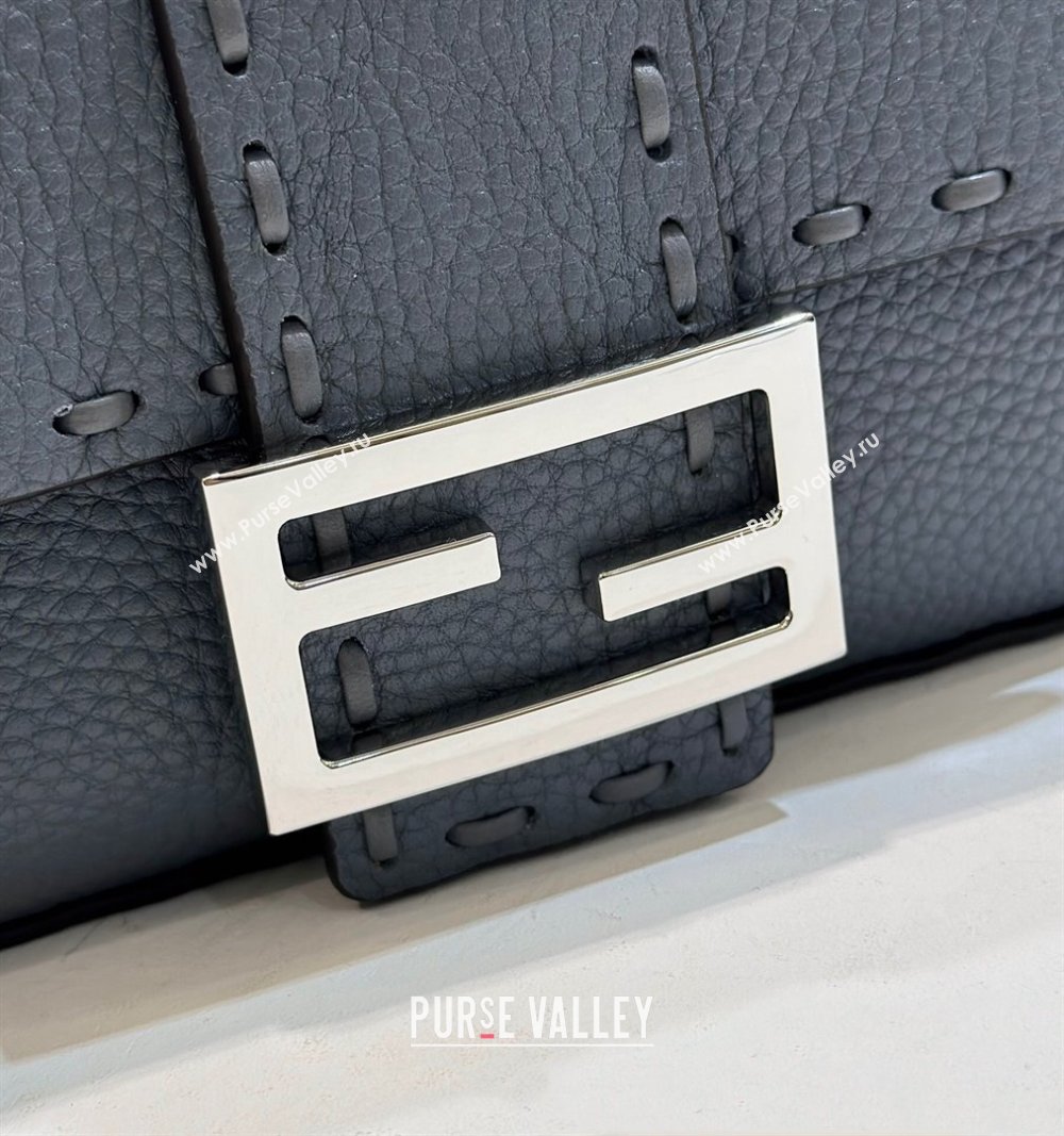 Fendi Baguette Mini Selleria bag with topstitches in Grained Calfskin Grey Blue 2024 8610S (CL-241213003)