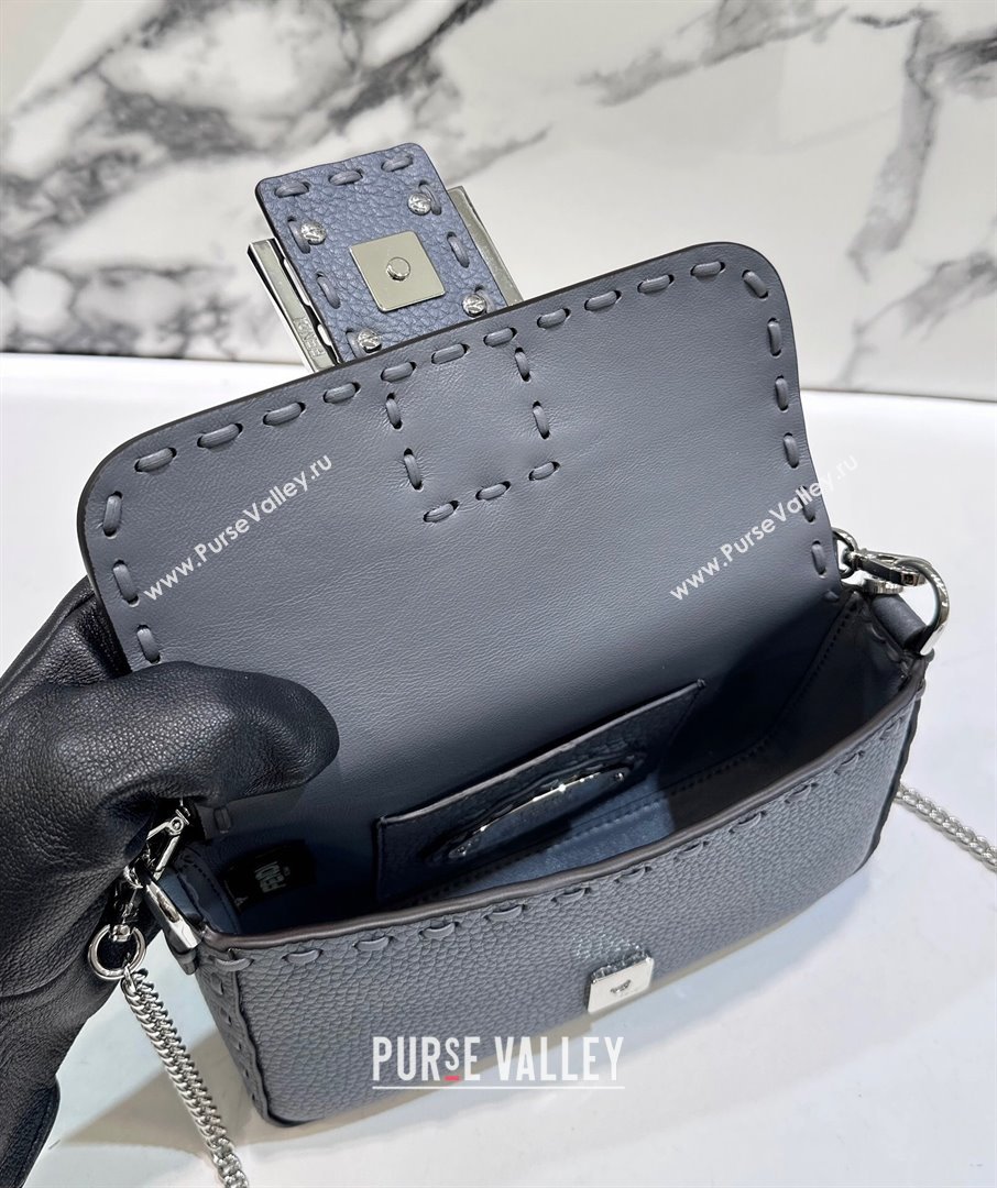 Fendi Baguette Mini Selleria bag with topstitches in Grained Calfskin Grey Blue 2024 8610S (CL-241213003)