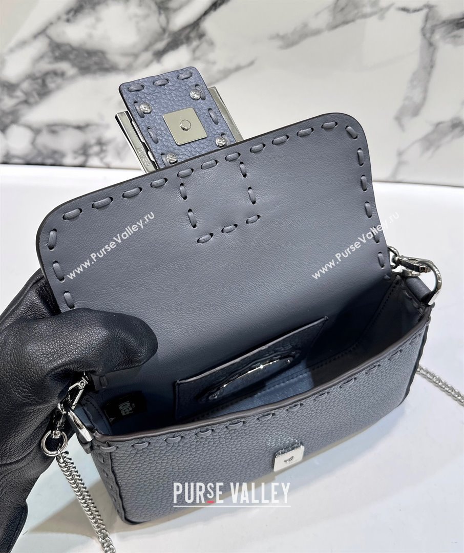 Fendi Baguette Mini Selleria bag with topstitches in Grained Calfskin Grey Blue 2024 8610S (CL-241213003)