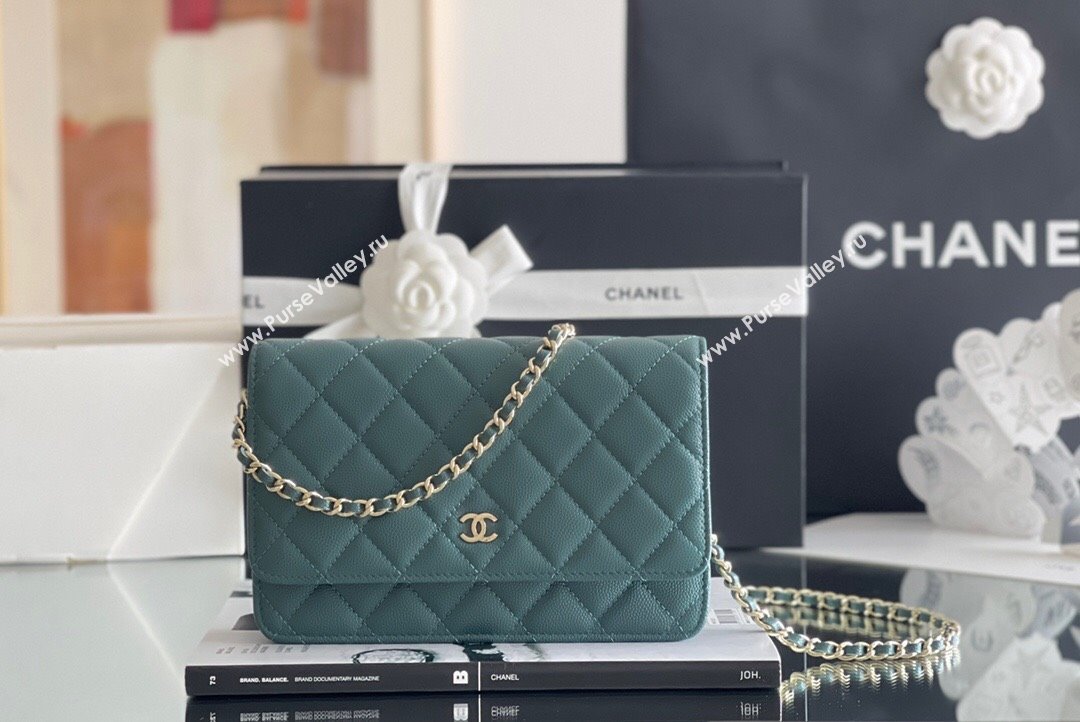 Chanel Grained Calfskin Classic Wallet on Chain WOC Turquoise Green/Light Gold 2024 Top Quality (MHE-24080938)