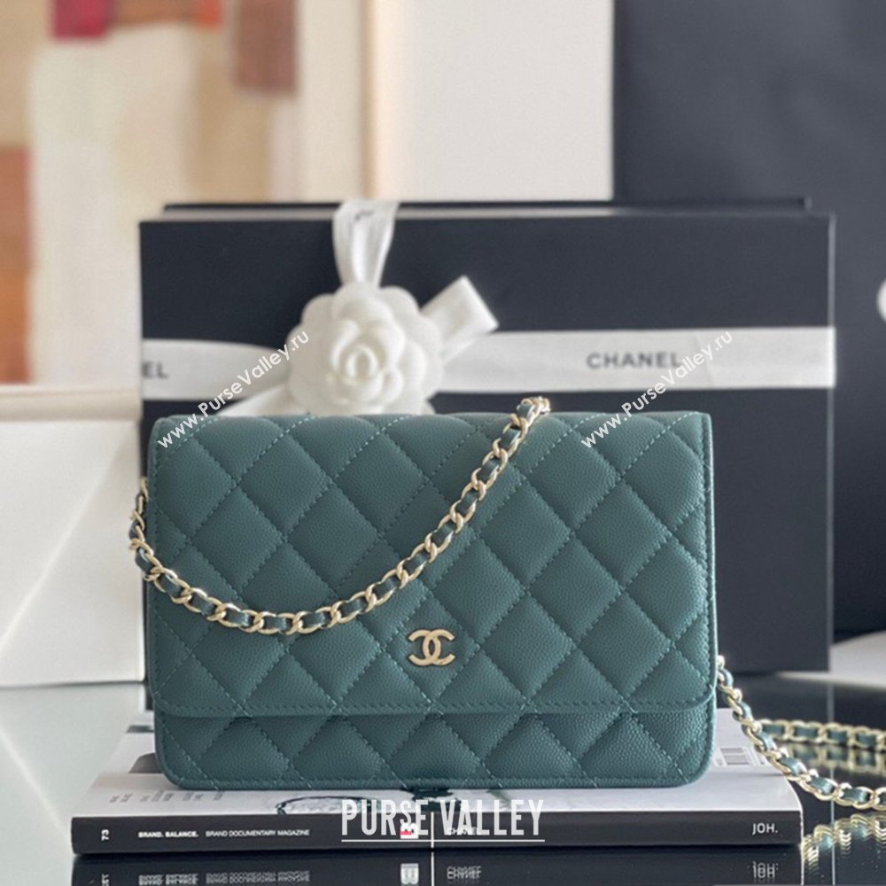 Chanel Grained Calfskin Classic Wallet on Chain WOC Turquoise Green/Light Gold 2024 Top Quality (MHE-24080938)