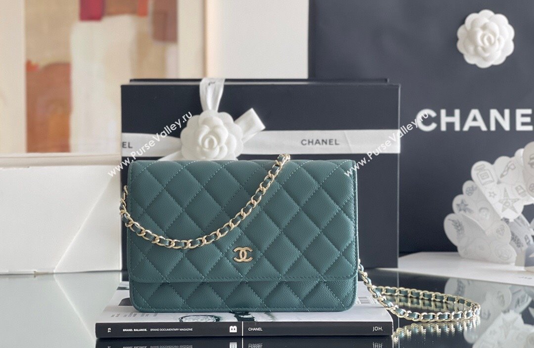 Chanel Grained Calfskin Classic Wallet on Chain WOC Turquoise Green/Light Gold 2024 Top Quality (MHE-24080938)