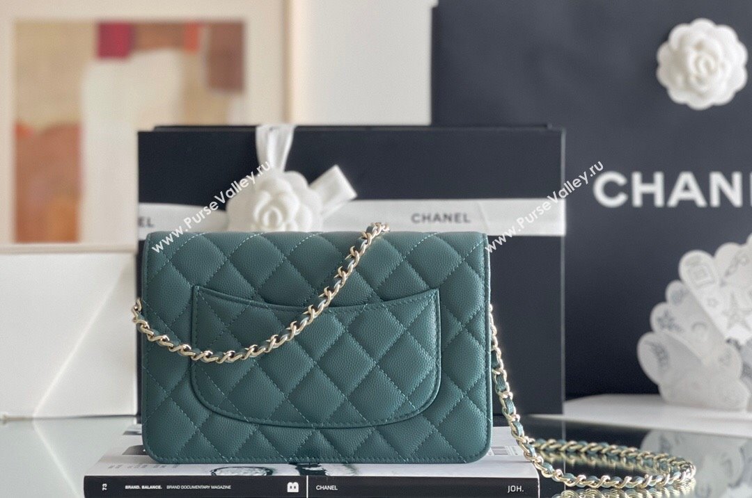 Chanel Grained Calfskin Classic Wallet on Chain WOC Turquoise Green/Light Gold 2024 Top Quality (MHE-24080938)