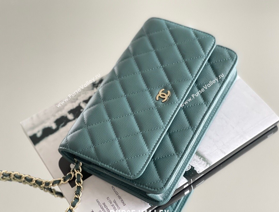 Chanel Grained Calfskin Classic Wallet on Chain WOC Turquoise Green/Light Gold 2024 Top Quality (MHE-24080938)