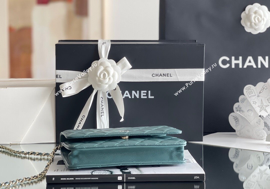 Chanel Grained Calfskin Classic Wallet on Chain WOC Turquoise Green/Light Gold 2024 Top Quality (MHE-24080938)