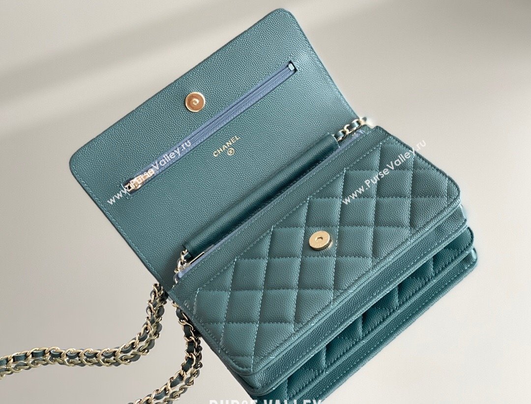 Chanel Grained Calfskin Classic Wallet on Chain WOC Turquoise Green/Light Gold 2024 Top Quality (MHE-24080938)