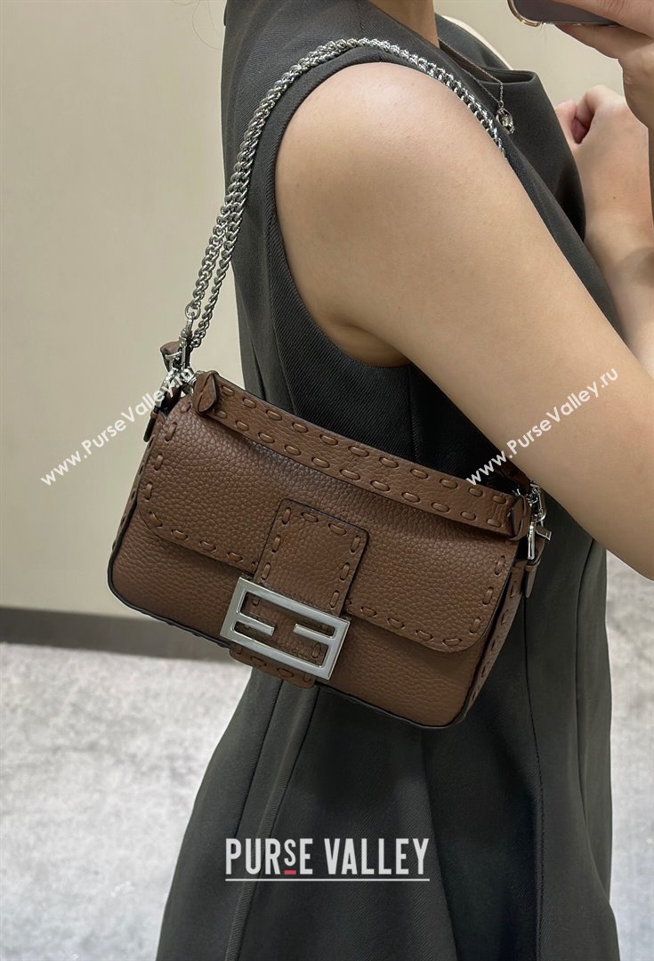 Fendi Baguette Mini Selleria bag with topstitches in Grained Calfskin Dark Brown 2024 8610S (CL-241213004)