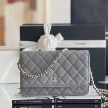 Chanel Grained Calfskin Classic Wallet on Chain WOC Grey/Light Gold 2024 Top Quality (MHE-24080939)